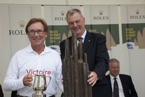 Darryl Hodgkinson was presented with the Cape Raoul Trophy by His Excellency Peter Underwood A.O., the Governor of Tasmania - Rolex Sydney Hobart Yacht Race 2011 ©  Rolex/Daniel Forster http://www.regattanews.com